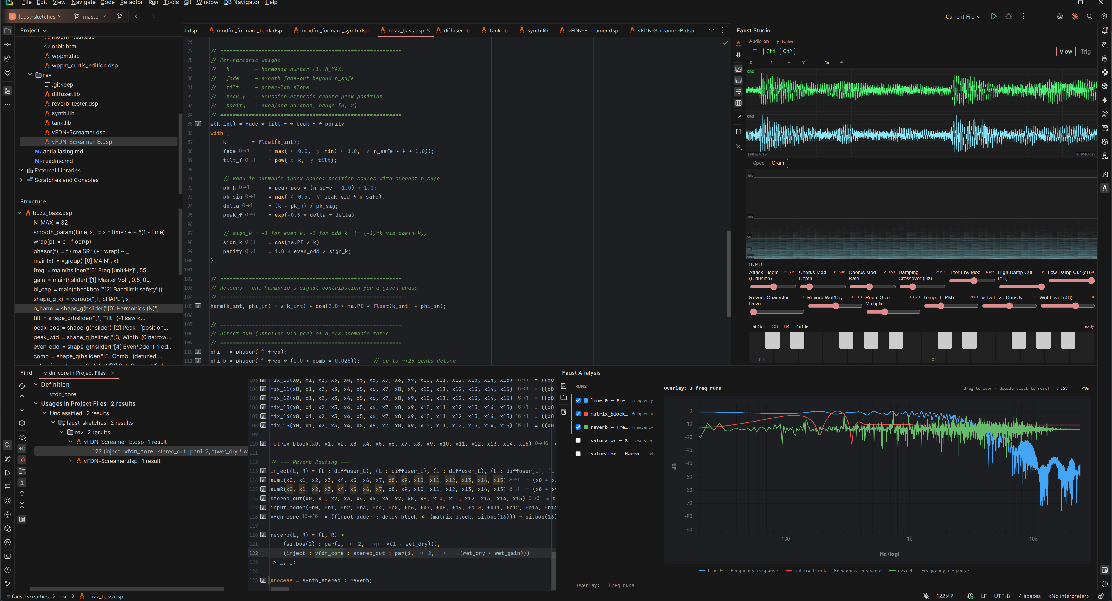 Full view of a JetBrains IDE with the Faust Studio plugin open during prototyping of a future instrument. Shows project structure, arity hints, oscilloscope visualization, control GUI, and the virtual keyboard.